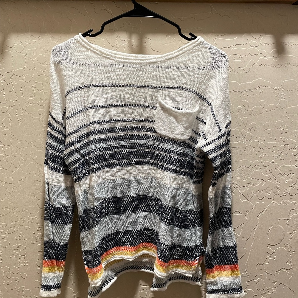 Hem & Thread White Striped Scoop Neck Sweater with Orange Accent